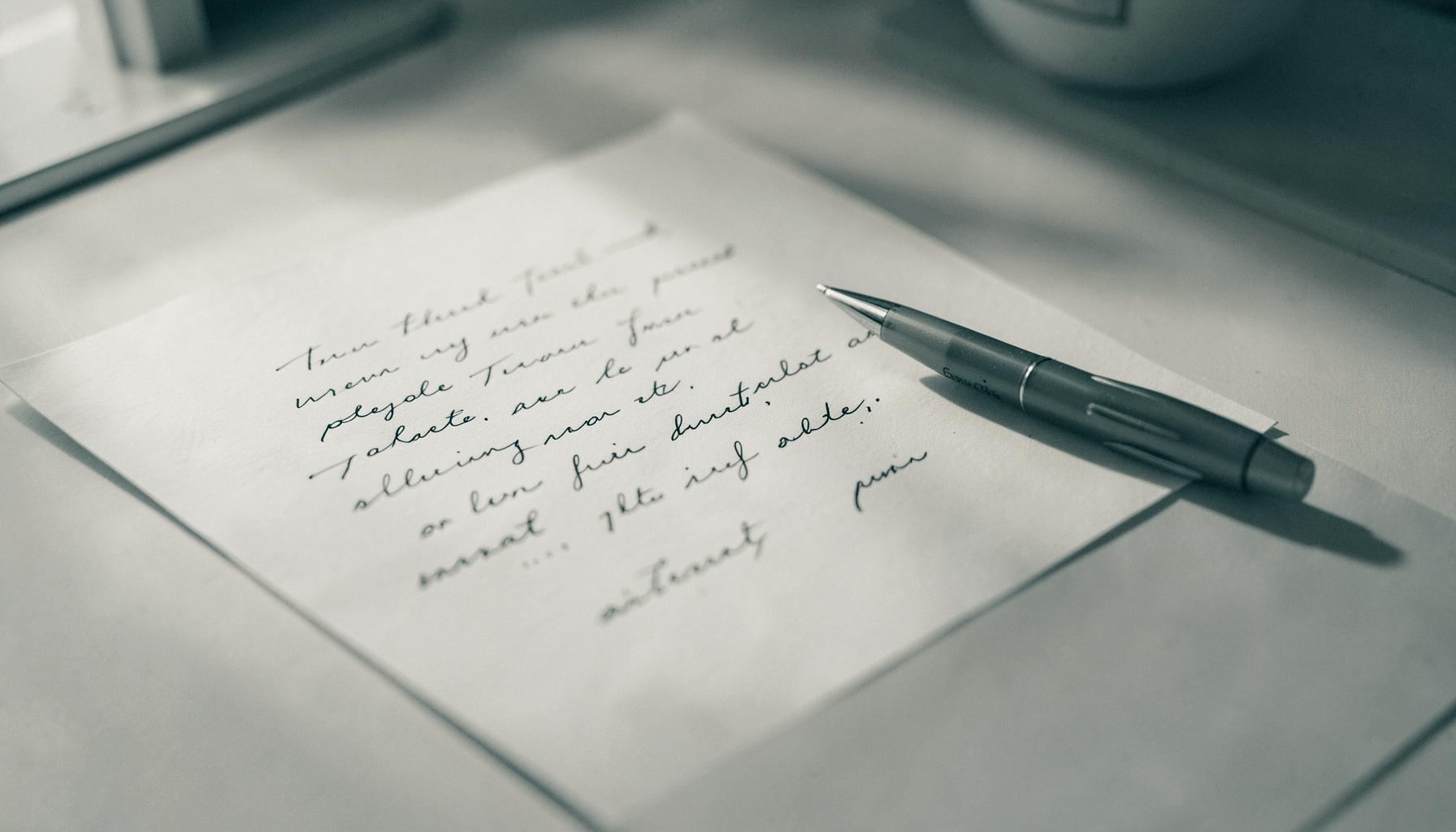 A warm duotone photograph of a handwritten letter and a pen resting on a soft pastel desk, with gentle natural light and a calm, inviting mood.